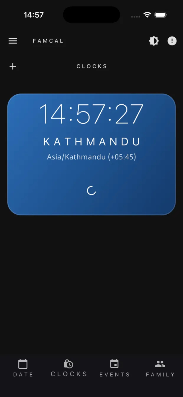 FamCal's clocks screen: a large live clock card for Kathmandu showing the local time and timezone.